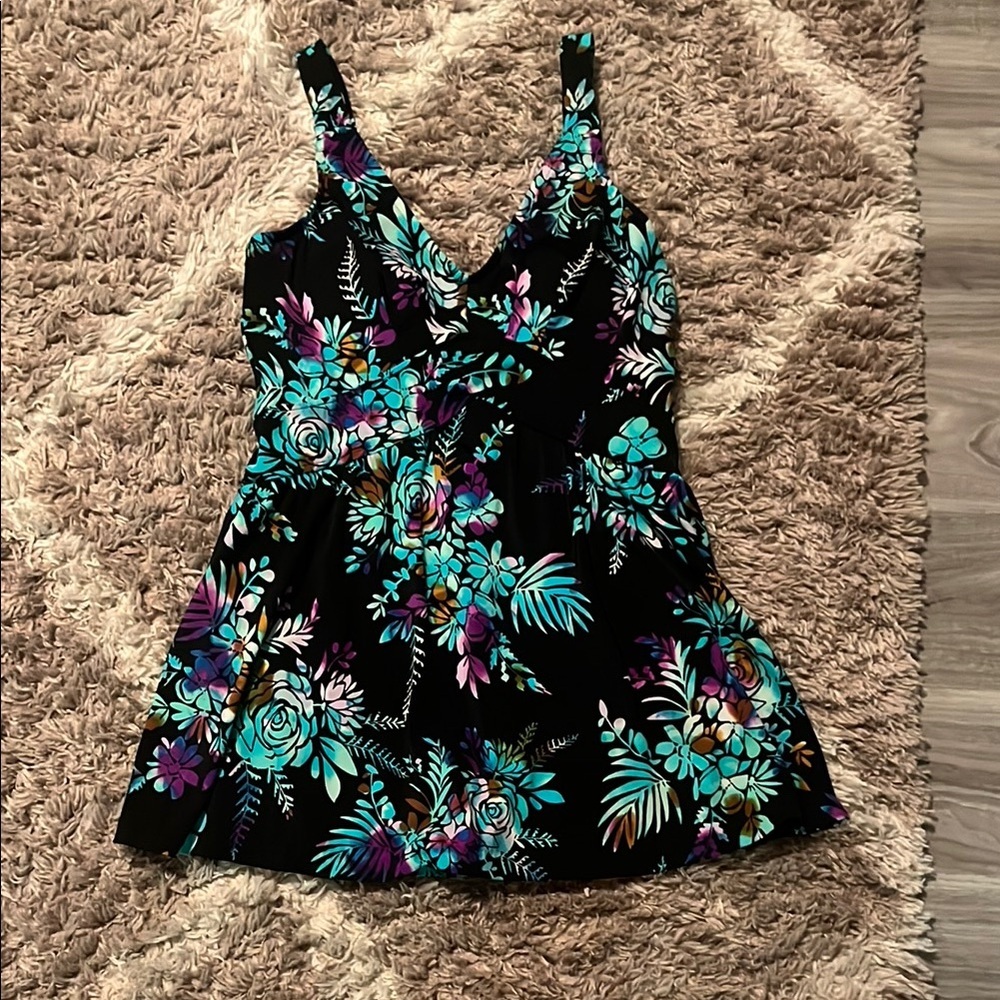 Maxine Of Hollywood Floral Tummy Support One Piece Swimsuit Dress Romper